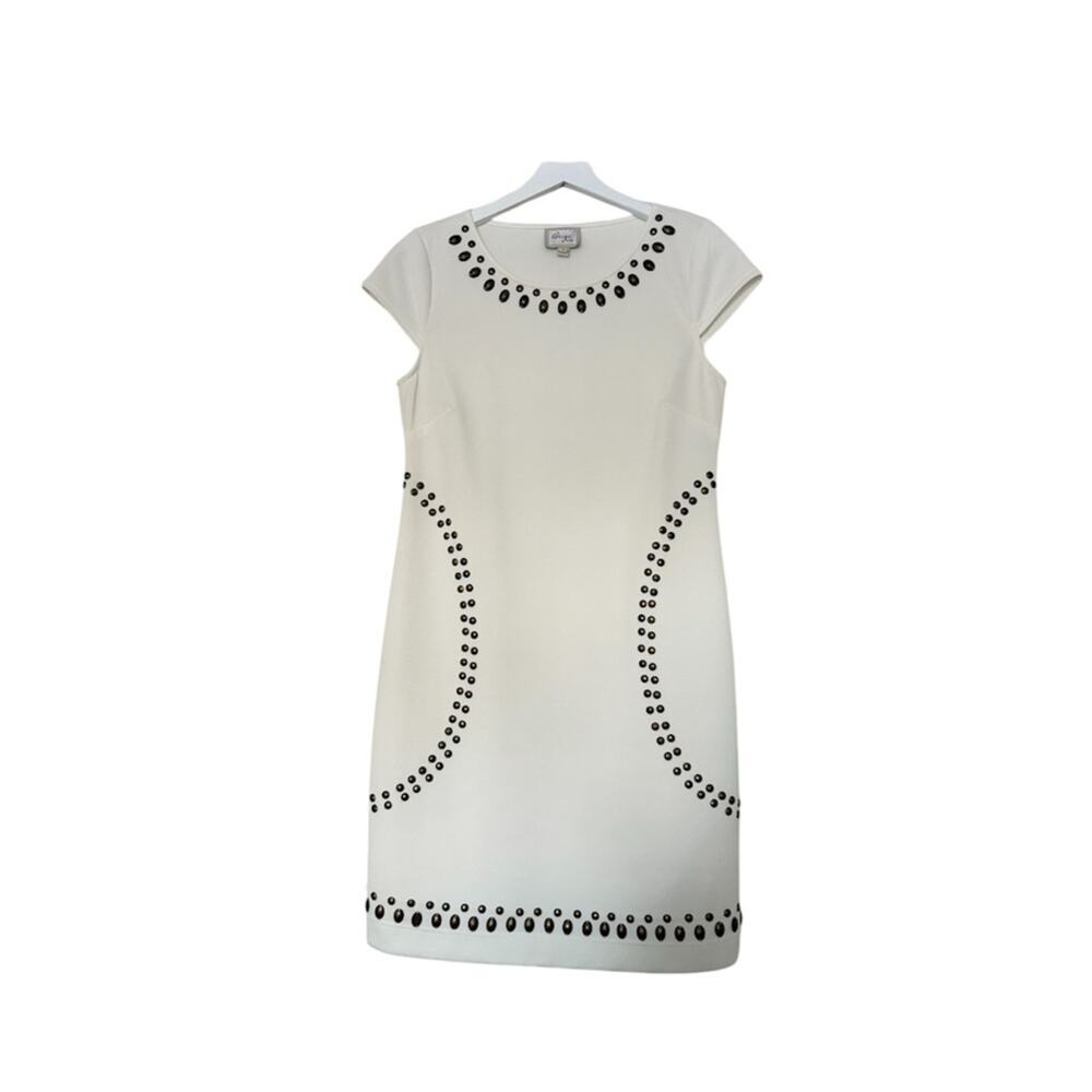 Beige by Eci Off White Cap Sleeve Dress with Bronze Beads Gemstones Size 10